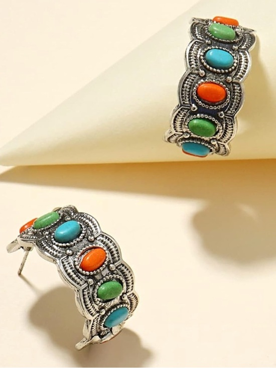 Anthropologie Jewelry - Vintage-Inspired Multicolor Turquoise Hoop Earrings - Silver